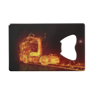 Red Burning Truck in Fire Flames Credit Card Bottle Opener