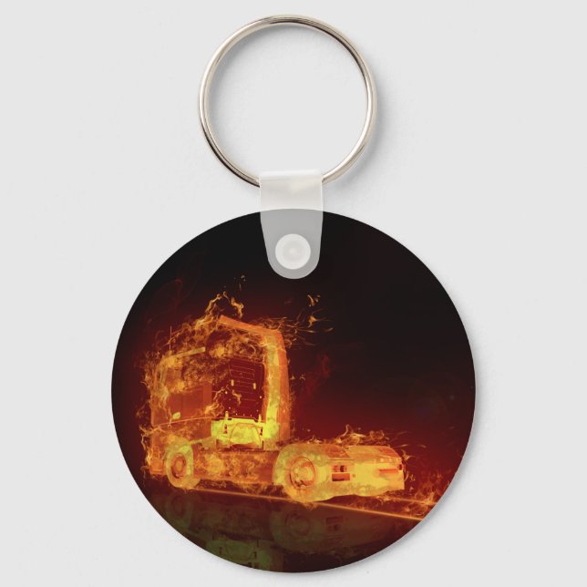 Red Burning Truck in Fire Flames Keychain (Front)