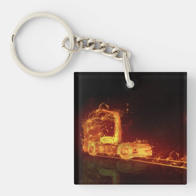 Red Burning Truck in Fire Flames Keychain (Front)