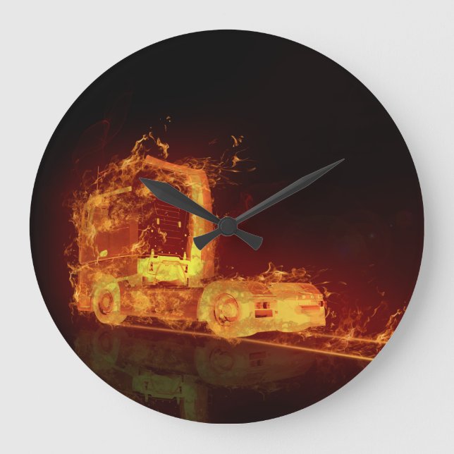 Red Burning Truck in Fire Flames Large Clock (Front)