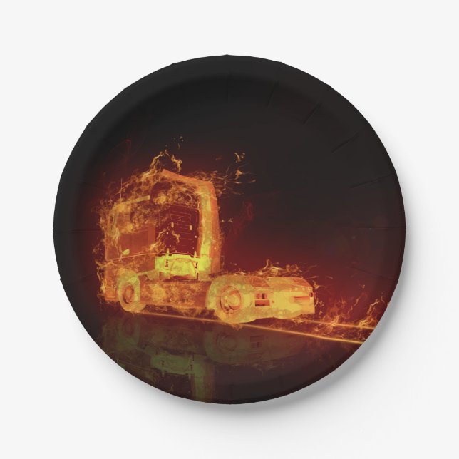 Red Burning Truck in Fire Flames Paper Plates (Front)