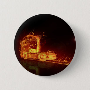 Red Burning Truck in Fire Flames Pinback Button