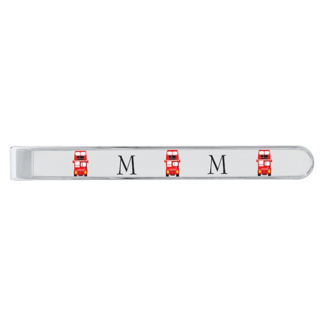 Red Bus Design Monogrammed Silver Finish Tie Bar (Front)