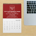 Red Business Brand on Calendar<br><div class="desc">Red color business branding on customizable calendar. Customize it by uploading your business logo, typing your business name, address, phone number, e-mail and website. You can include it in your promotional products, giveaway items or gifts to your customers or clients, a marketing strategy to advertise your business or to promote...</div>