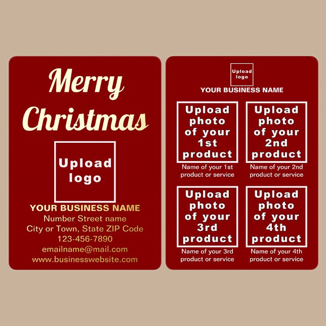 Red Business Brand on Christmas Foil Holiday Card (Red business brand with products or services on Christmas foil holiday card.)