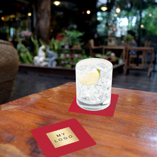 Red business logo square paper coaster