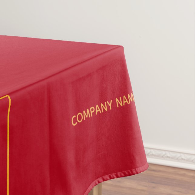 Red business logo text tablecloth (In Situ)