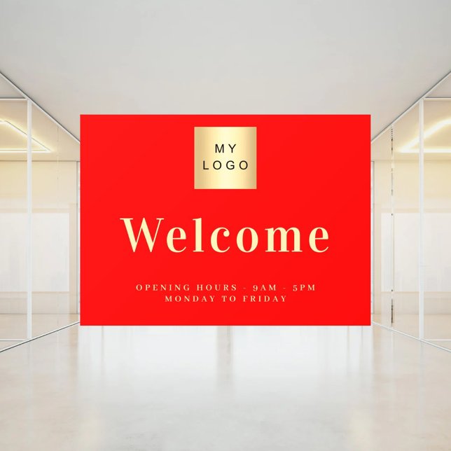 Red business logo welcome opening hours window cling (Creator Uploaded)