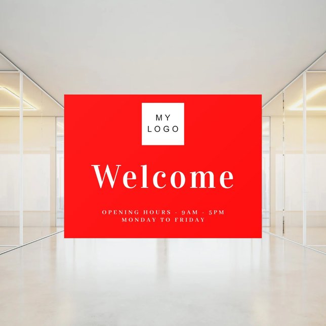 Red business logo welcome opening hours window cling (Creator Uploaded)