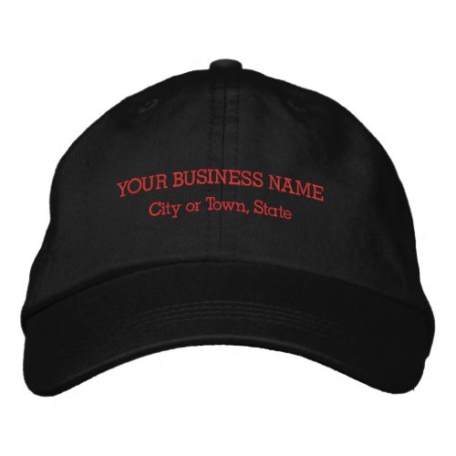 Red Business Name on Adjustable Black Embroidered Baseball Cap