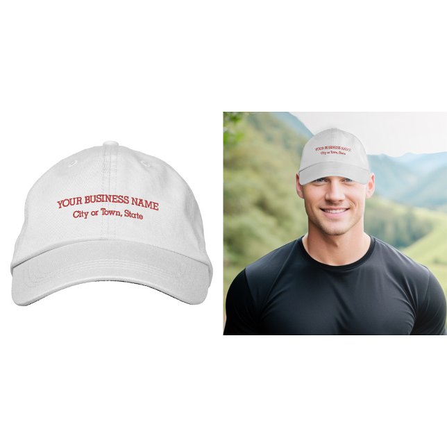 Red Business Text Embroidered on Cap (Business name and location embroidered on cap in red thread)