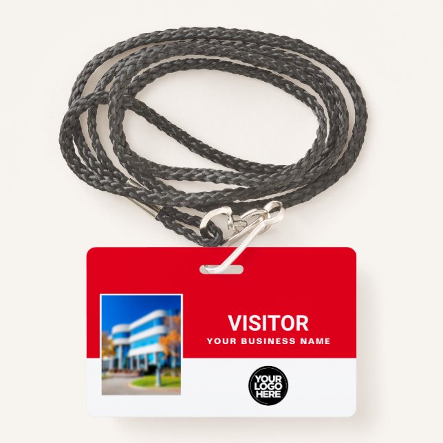 Red Business Visitor Photo Bar Code, Logo Lanyard Badge (Front with Lanyard)