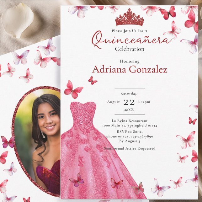 Red Butterflies Dress Photo 15 XV Quinceanera Invitation (Creator Uploaded)