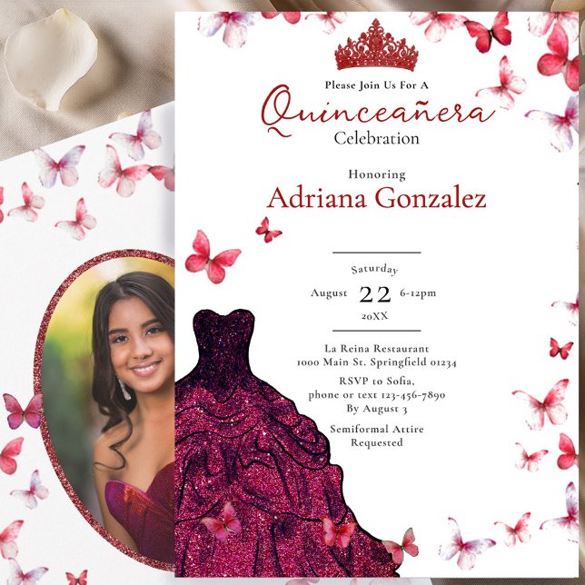 Red Butterflies Dress Photo 15 XV Quinceanera Invitation (Creator Uploaded)