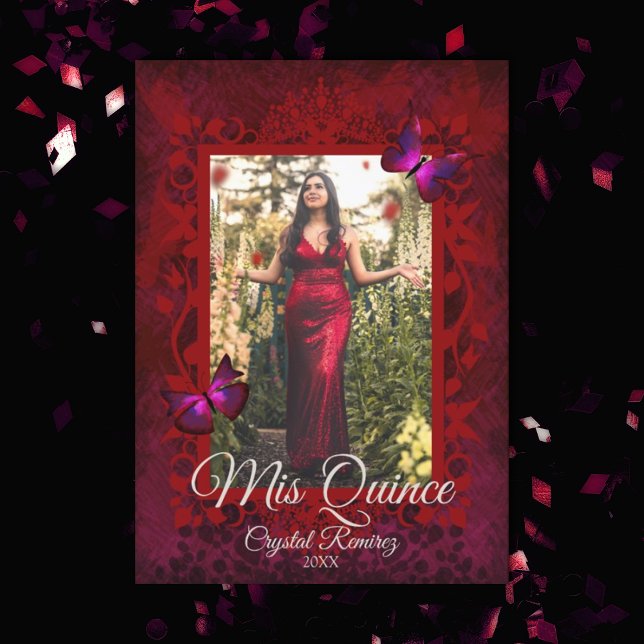 Red Butterflies Folded Quinceanera Invitation (elegant red butterfly quinceanera invitation, red quinceanera dress, ruby red mis quince)