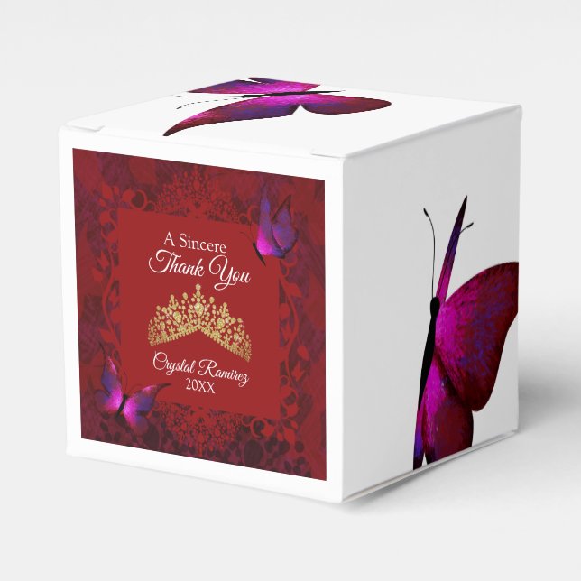 Red Butterflies, Gold Tiara Quinceanera Favor Box (Front Side)