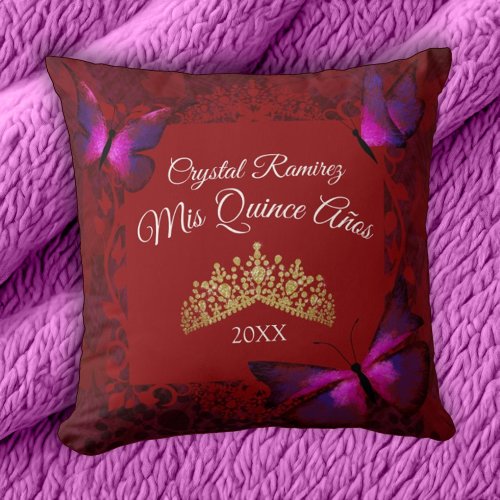 Red Butterflies Gold Tiara Quinceanera Pillow