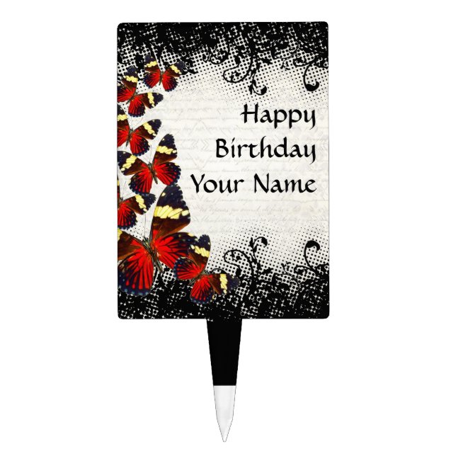 Red butterflies on black lace cake topper (Front)