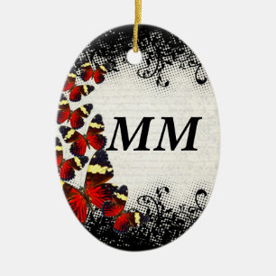Red butterflies on black lace ceramic ornament