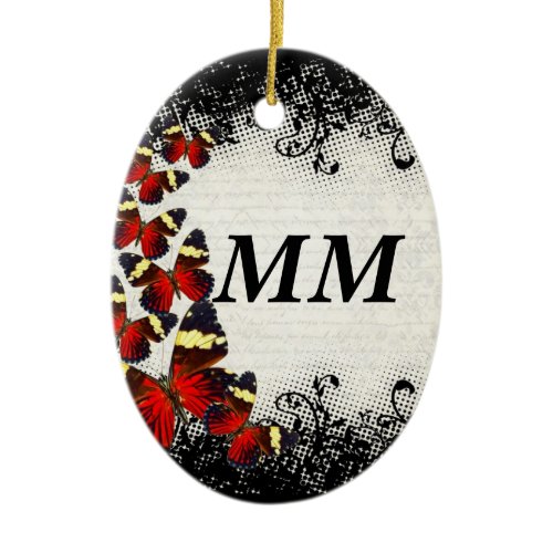Red butterflies on black lace ceramic ornament
