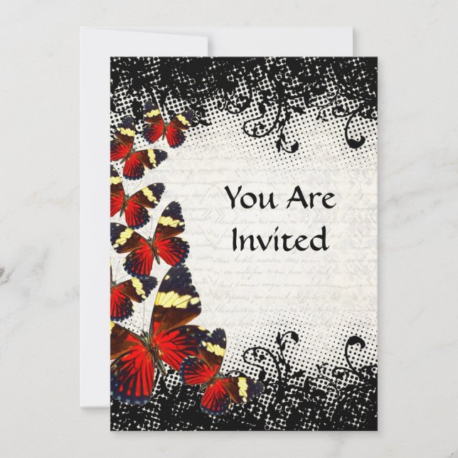 Red butterflies on black lace invitation (Front)