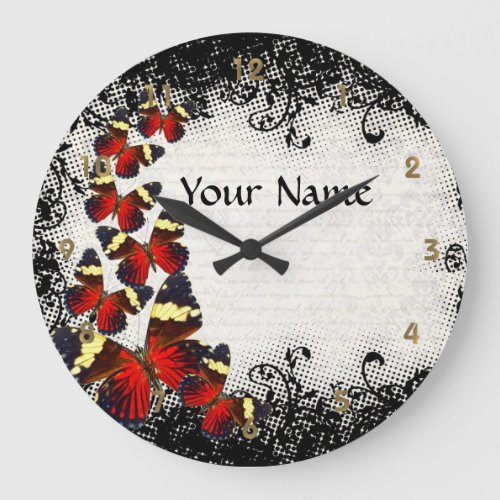 Red butterflies on black lace large clock