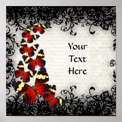 Red butterflies on black lace poster