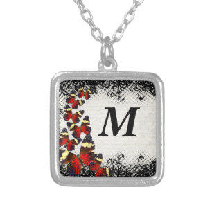 Red butterflies on black lace silver plated necklace