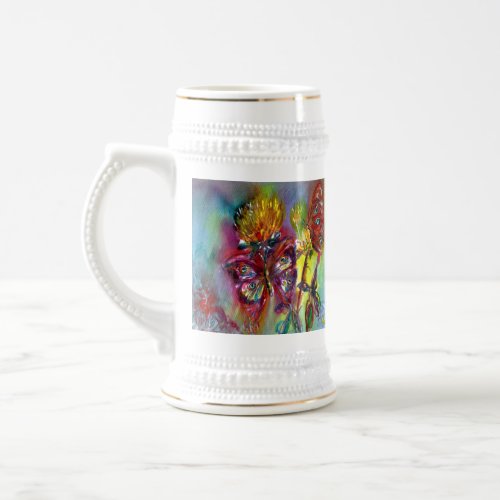 RED BUTTERFLIES ON YELLOW THISTLESBLUE SKY Floral Beer Stein