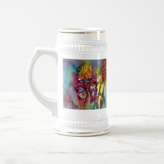 RED BUTTERFLIES ON YELLOW THISTLES,BLUE SKY Floral Beer Stein (Left)