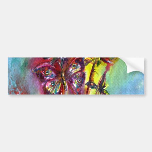 RED BUTTERFLIES ON YELLOW THISTLESBLUE SKY Floral Bumper Sticker