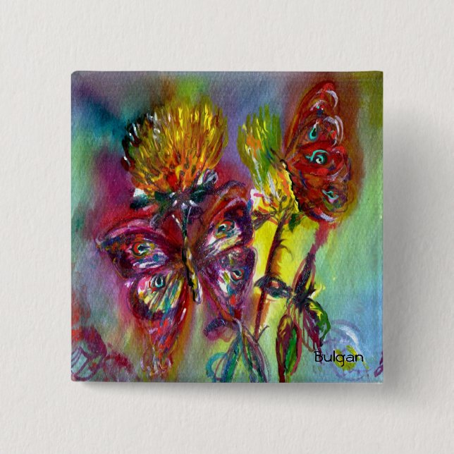 RED BUTTERFLIES ON YELLOW THISTLES,BLUE SKY Floral Button (Front)