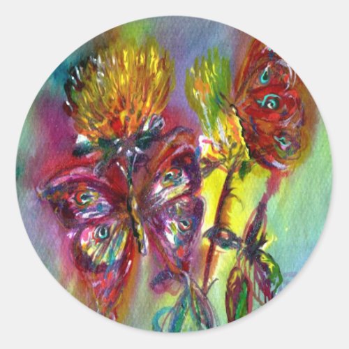RED BUTTERFLIES ON YELLOW THISTLESBLUE SKY Floral Classic Round Sticker
