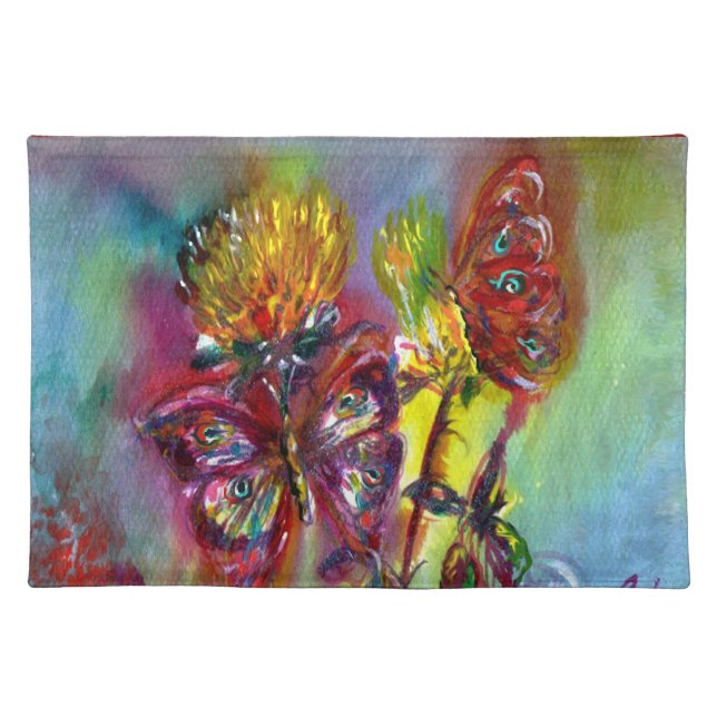 RED BUTTERFLIES ON YELLOW THISTLES,BLUE SKY Floral Cloth Placemat (Front)