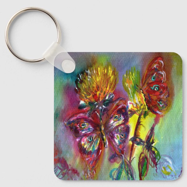 RED BUTTERFLIES ON YELLOW THISTLES,BLUE SKY Floral Keychain (Front)