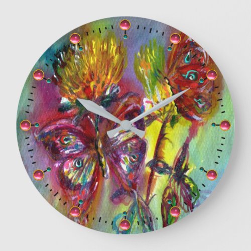 RED BUTTERFLIES ON YELLOW THISTLESBLUE SKY Floral Large Clock
