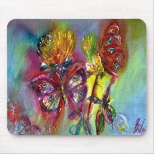 RED BUTTERFLIES ON YELLOW THISTLES,BLUE SKY Floral Mouse Pad