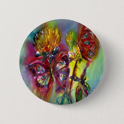 RED BUTTERFLIES ON YELLOW THISTLESBLUE SKY Floral Pinback Button