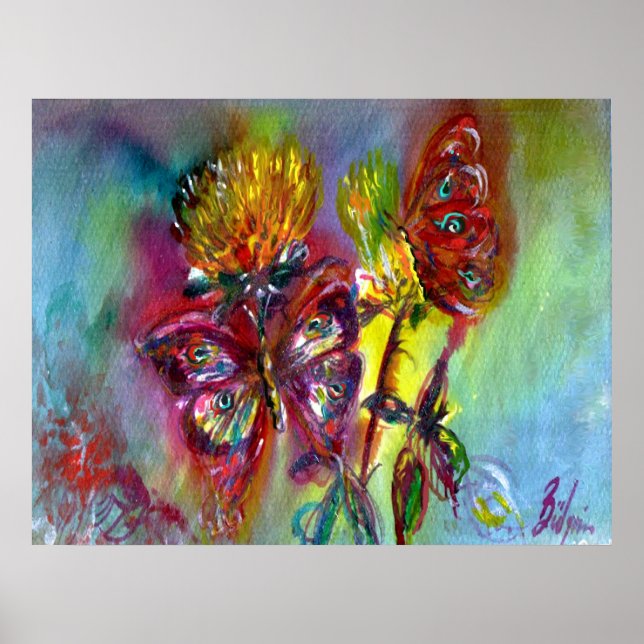 RED BUTTERFLIES ON YELLOW THISTLES,BLUE SKY Floral Poster (Front)