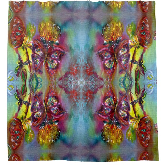 RED BUTTERFLIES ON YELLOW THISTLES,BLUE SKY Floral Shower Curtain (Front)