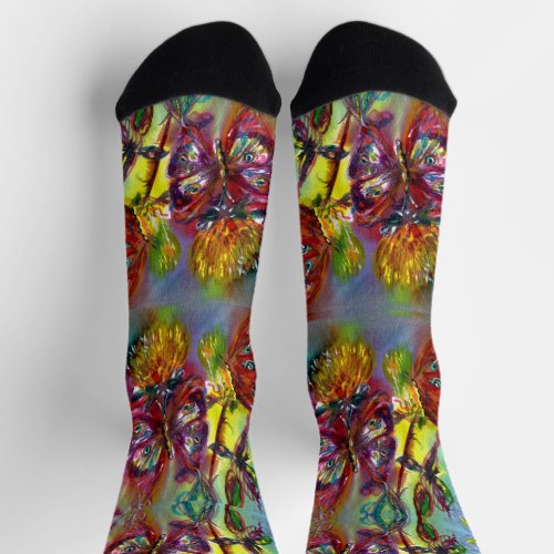 RED BUTTERFLIES ON YELLOW THISTLES,BLUE SKY Floral Socks