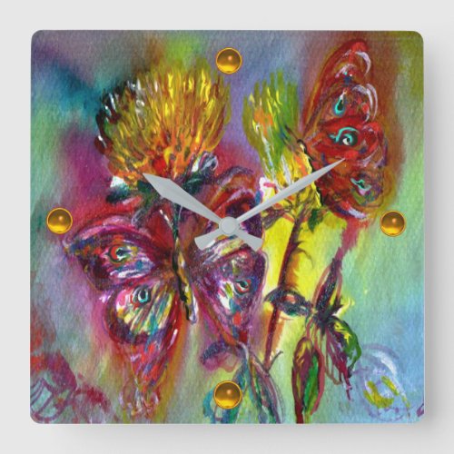 RED BUTTERFLIES ON YELLOW THISTLESBLUE SKY Floral Square Wall Clock