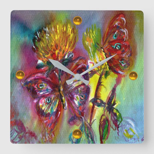 RED BUTTERFLIES ON YELLOW THISTLES,BLUE SKY Floral Square Wall Clock (Front)