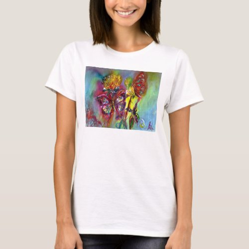 RED BUTTERFLIES ON YELLOW THISTLESBLUE SKY Floral T_Shirt