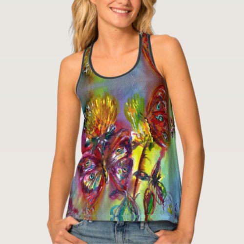 RED BUTTERFLIES ON YELLOW THISTLESBLUE SKY Floral Tank Top