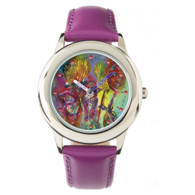 RED BUTTERFLIES ON YELLOW THISTLES,BLUE SKY Floral Watch (Front)