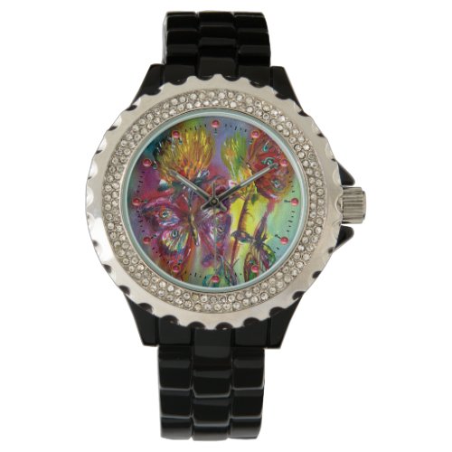 RED BUTTERFLIES ON YELLOW THISTLESBLUE SKY Floral Watch