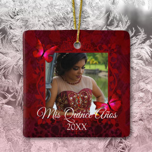 Red Butterflies, Quinceanera Christmas Photo Ceramic Ornament