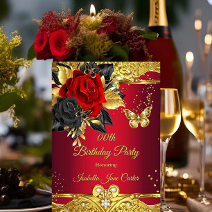 Red Butterflies Rose Floral Gold Birthday Party Invitation