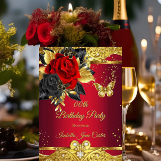 Red Butterflies Rose Floral Gold Birthday Party Invitation